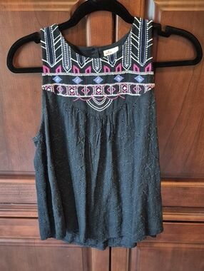 Hollister Black Eyelet Tank with Pink & Blue Embroidery